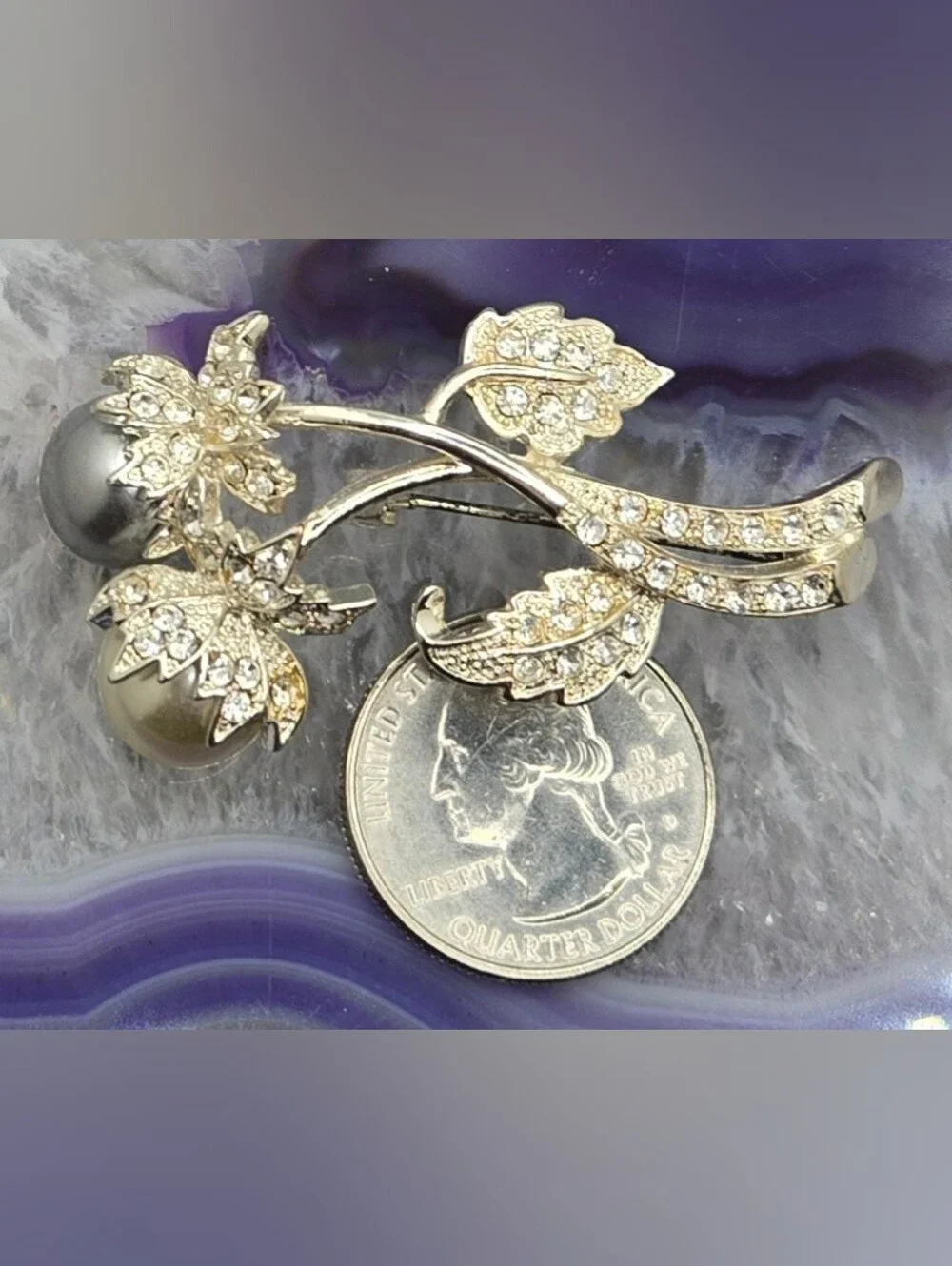 Avon Floral Brooch Silver Tone Faux Pearls Faceted Glass Crystals
